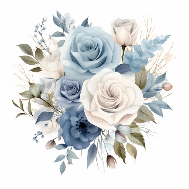 c'è un bouquet di rose blu e bianche su uno sfondo bianco generativo ai