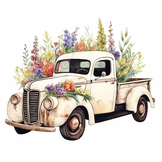 C'è un camion bianco con dei fiori sul retro.