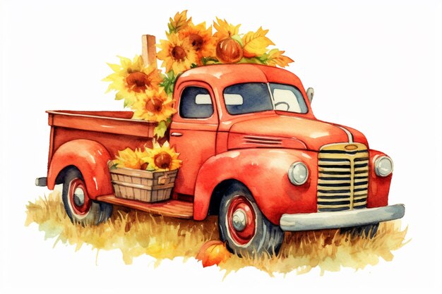 C'e' un camion rosso con un cesto di girasoli sul retro.