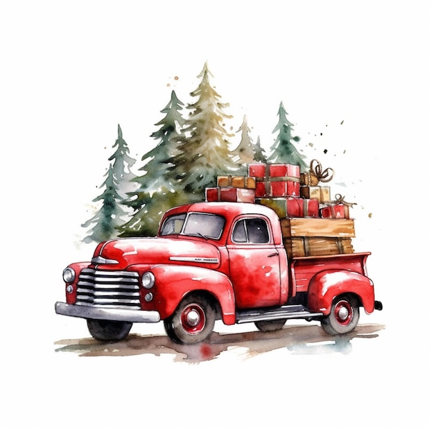 C'è un camion rosso con un sacco di regali sul retro.