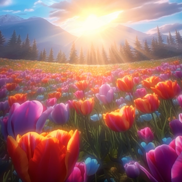 C'è un campo di fiori con un sole sullo sfondo generativo ai