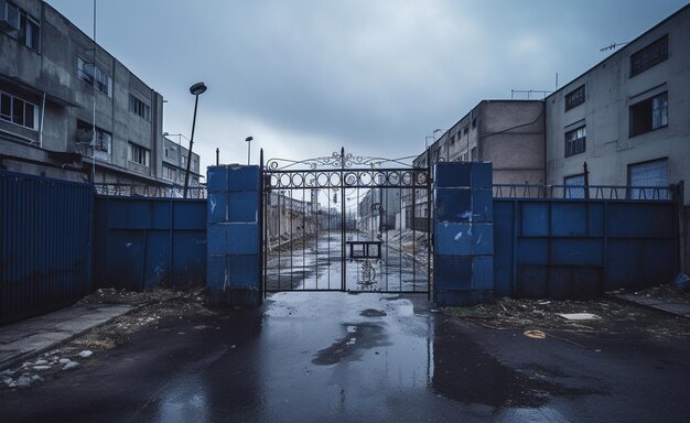 c'è un cancello blu che è aperto in una città generativa ai