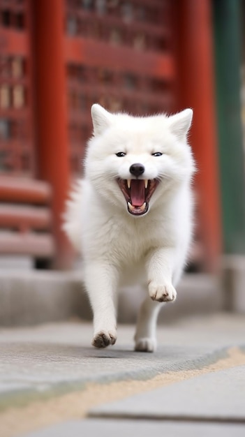 c'è un cane bianco che corre per strada con la bocca aperta ai generativa