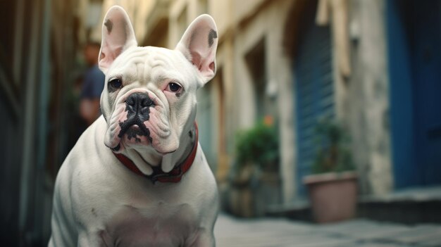 c'è un cane bianco che sta in piedi in strada generativo ai