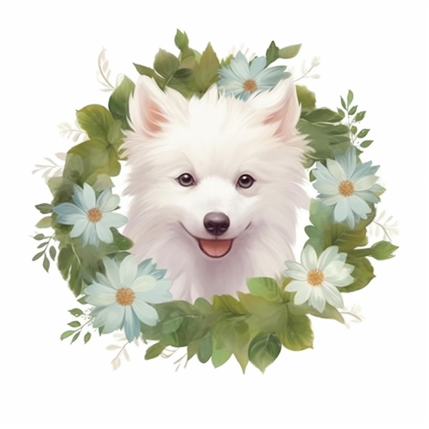 C'è un cane bianco con fiori blu intorno a lui generativo ai