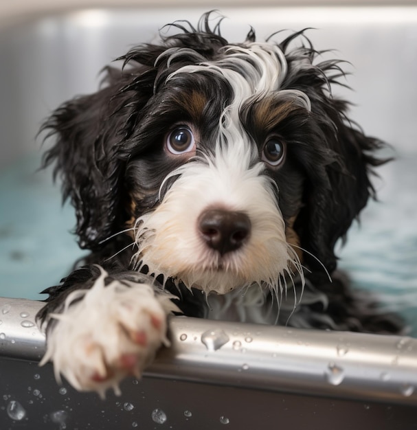 c'è un cane bianco e nero in una vasca con acqua generativa ai