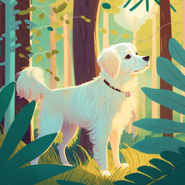 C'è un cane bianco in piedi nel bosco con alberi generativi ai