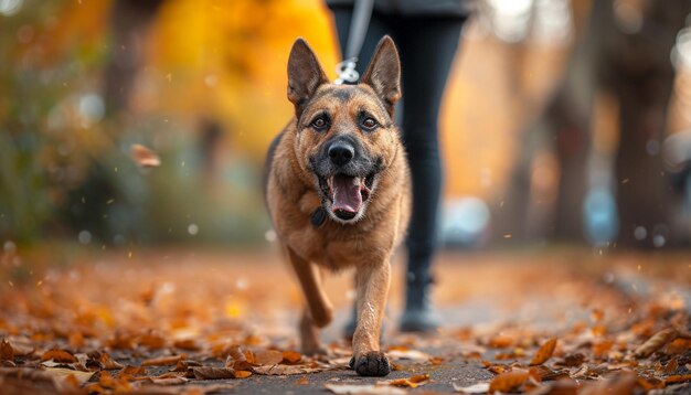 c'è un cane che cammina al guinzaglio tra le foglie generativo ai