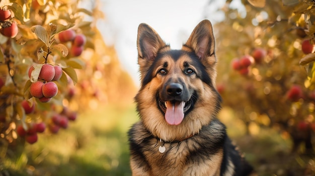 C'è un cane che è seduto nell'erba vicino alle mele generative ai
