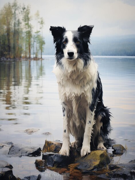 C'è un cane che è seduto su una roccia nell'acqua generativa ai