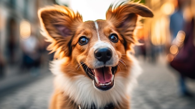 C'è un cane che guarda la telecamera con un grande sorriso generativo ai