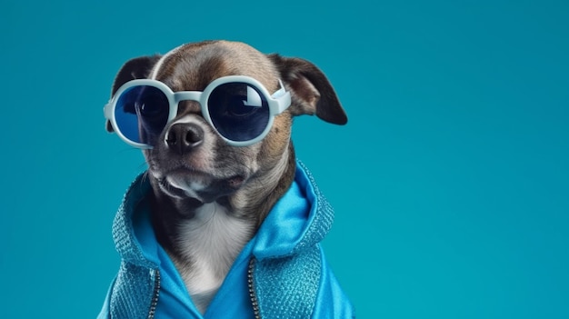 c'è un cane che indossa occhiali da sole e una giacca blu generativa ai
