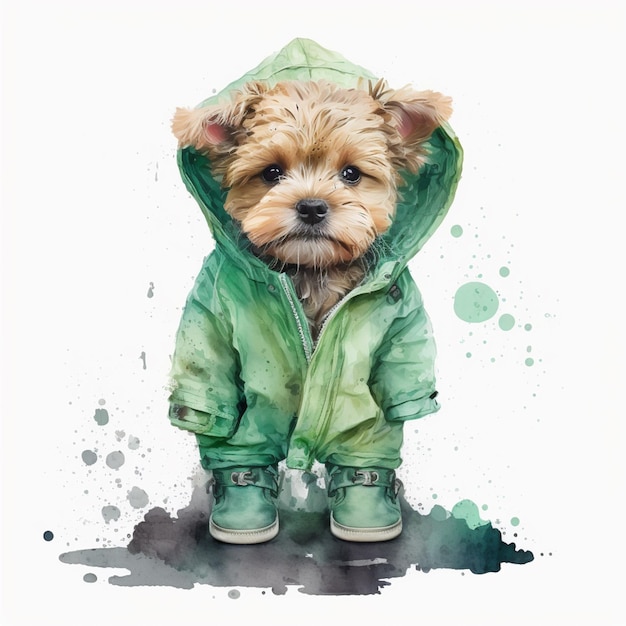 C'è un cane che indossa una giacca verde e stivali generativi ai