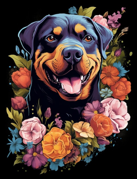 C'è un cane che sorride e circondato da fiori generativi ai