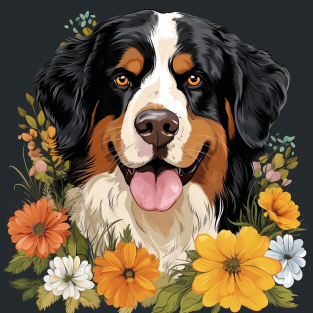 c'è un cane con fiori attorno e uno sfondo nero ai generativo