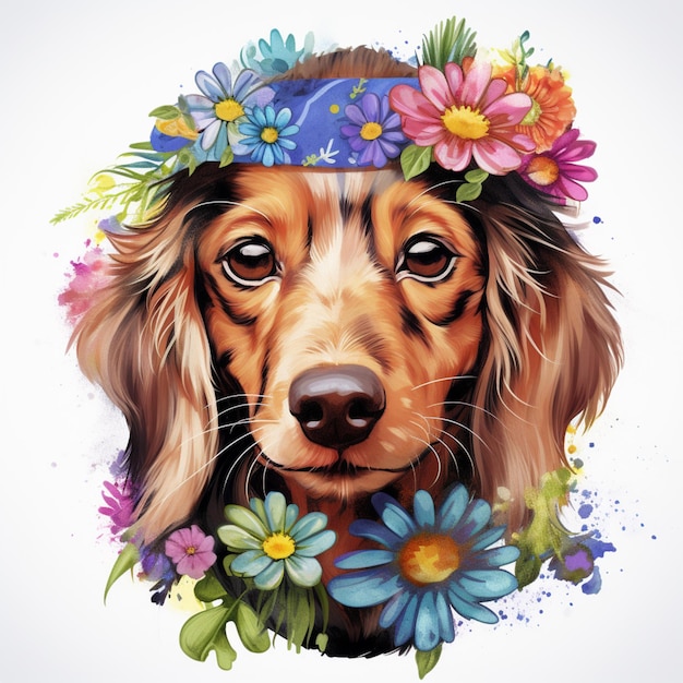 c'è un cane con una corona di fiori in testa generativa ai