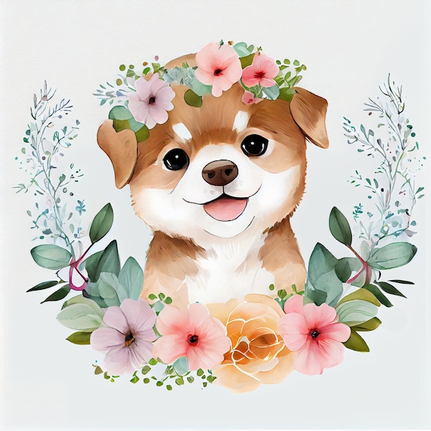 c'è un cane con una corona di fiori sulla testa generativa ai