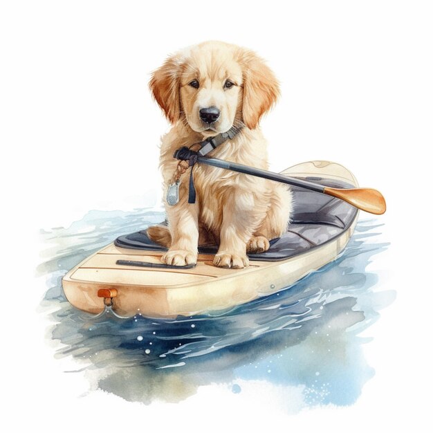c'è un cane seduto su una barca nell'acqua generativa ai