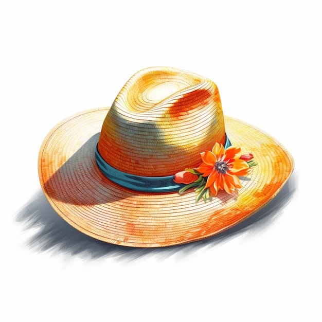 C'è un cappello con un fiore sopra su una superficie bianca generativa ai