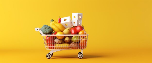 C'è un carrello della spesa pieno di cibo su uno sfondo giallo generativo ai