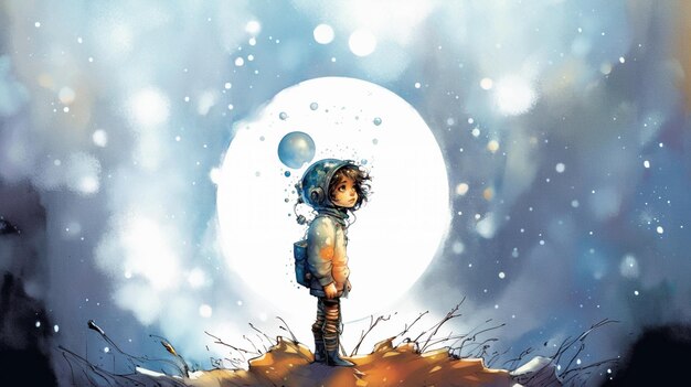 c'è un cartone animato di un ragazzo in piedi su una collina con un globo generativo ai