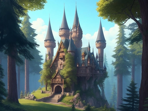 C'è un castello da favola fantasy di cartoni animati anime nella foresta con un alto tetto a punta