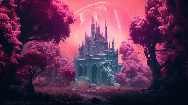 c'è un castello nel mezzo di una foresta rosa generativa ai