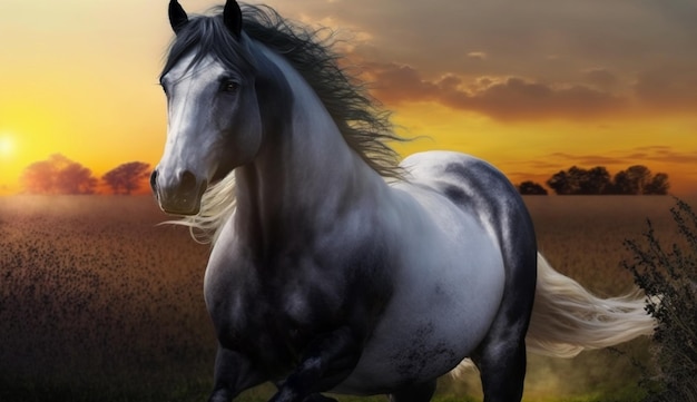 C'è un cavallo bianco che corre in un campo al tramonto.