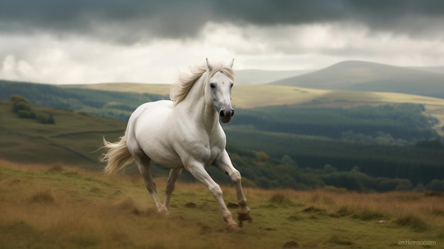 C'è un cavallo bianco che corre su una collina erbosa generativa ai