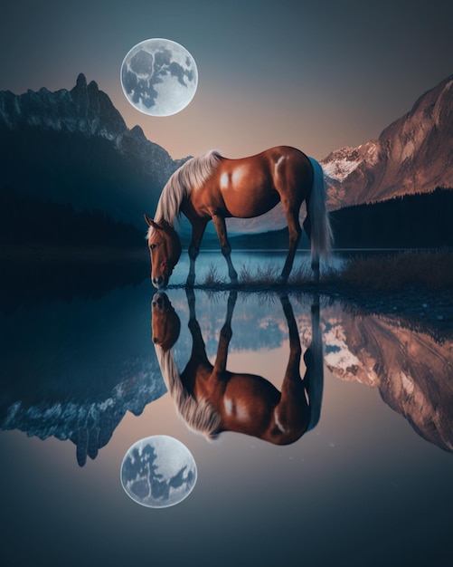 C'è un cavallo che è in piedi in acqua con una luna piena AI Generative