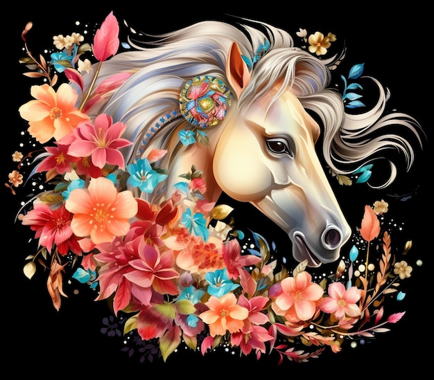c'è un cavallo con una ghirlanda di fiori sulla testa generativa ai