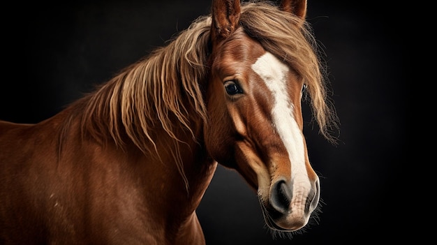 C'è un cavallo marrone con una striscia bianca sulla faccia generativa ai