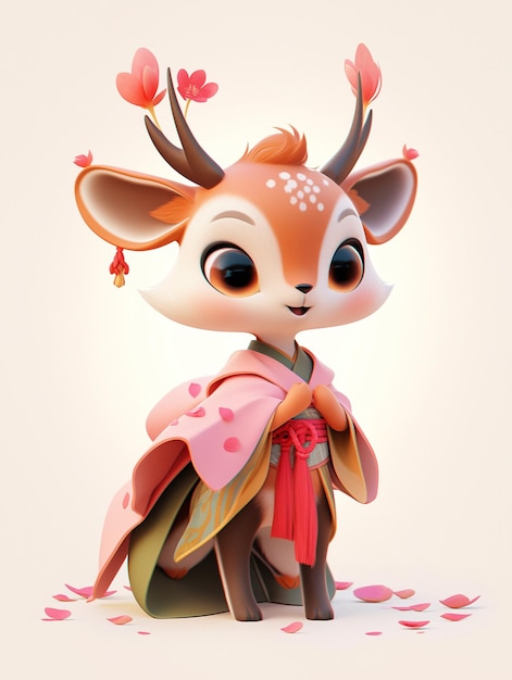 C'è un cervo dei cartoni animati con un kimono e un fiore in bocca generativo ai
