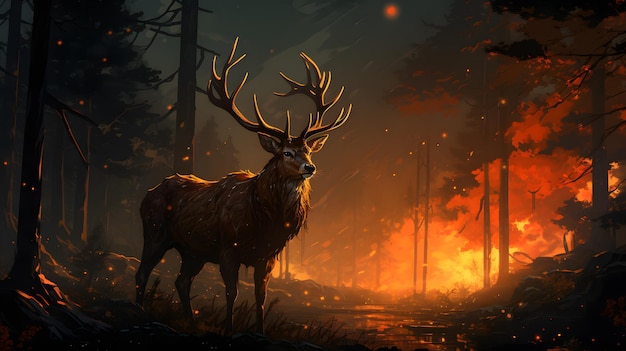 c'è un cervo in piedi nel bosco con il fuoco sullo sfondo AI generativa