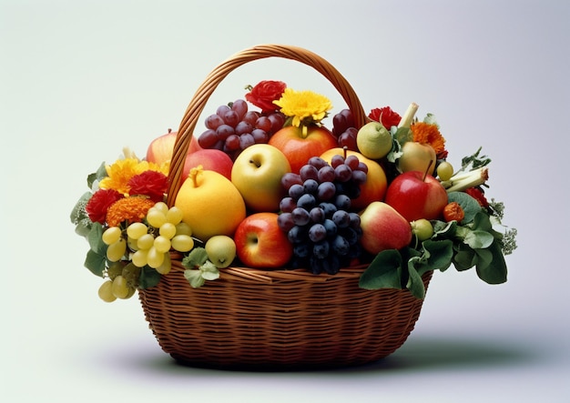 C'è un cesto di frutta con fiori e frutta in esso generativo ai