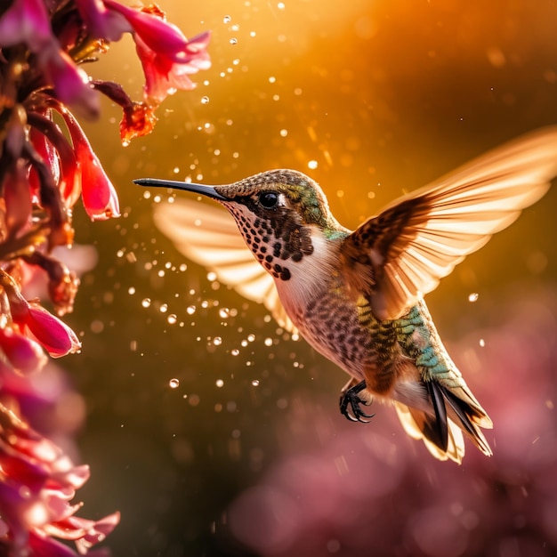 C'è un colibrì che vola nell'aria con le ali spalancate.