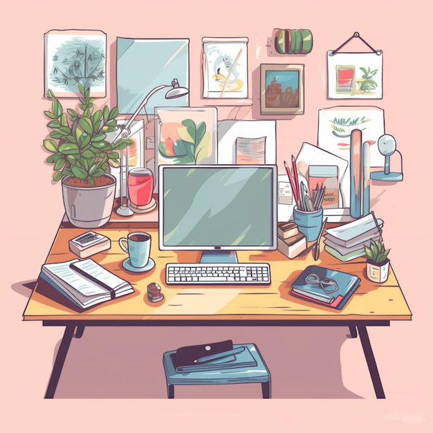 C'è un computer su una scrivania con molti libri e piante ai generative