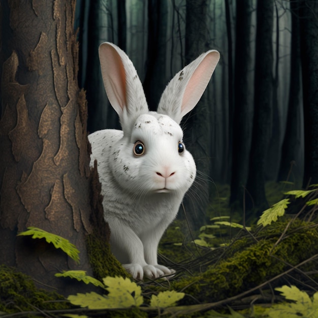 C'è un coniglio bianco che si trova accanto a un albero generativo ai