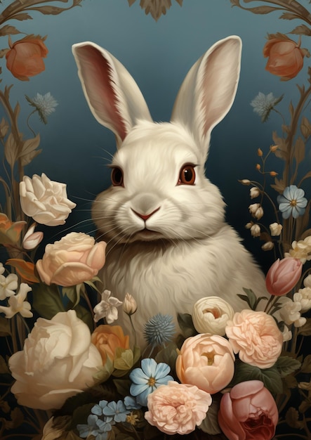 c'è un coniglio bianco seduto in una cornice floreale ai generativa