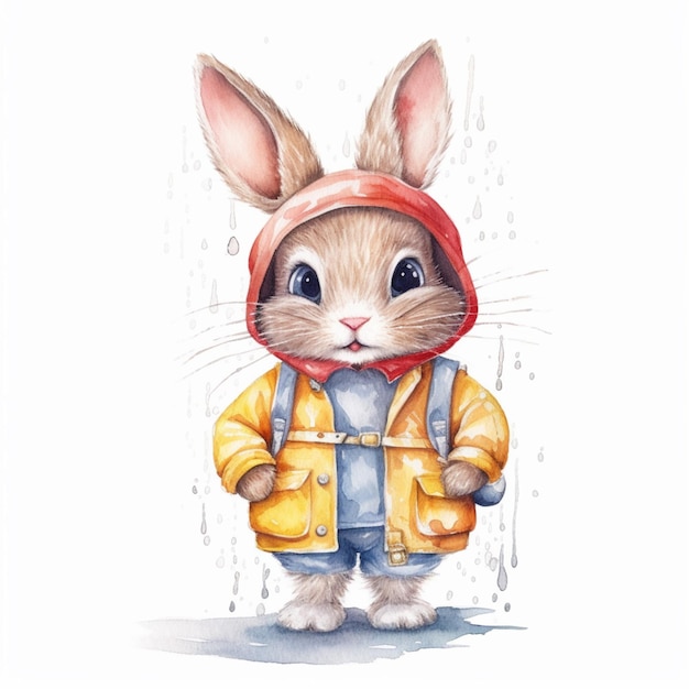 C'è un coniglio che indossa un impermeabile e stivali da pioggia generativa ai