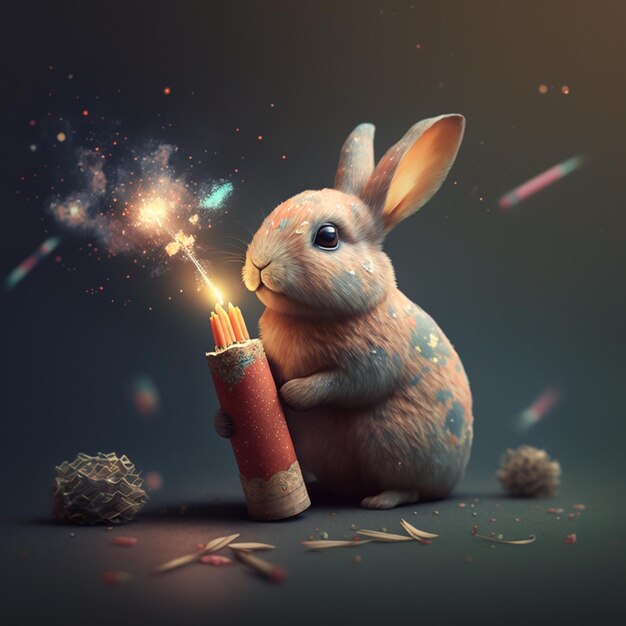 C'è un coniglio che tiene in mano uno sparkler ai generativo