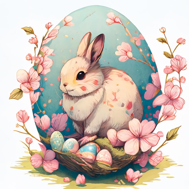 c'è un coniglio seduto in un nido con uova e fiori generativo ai