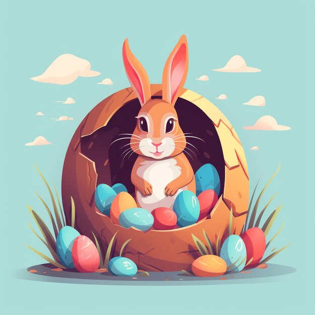C'è un coniglio seduto in una buca con le uova in esso generativo ai