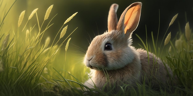C'è un coniglio seduto nell'erba con le orecchie diventate ai generative