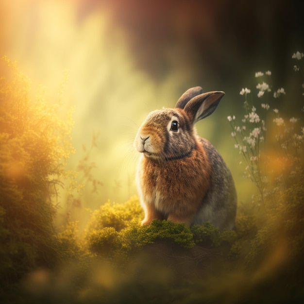 C'è un coniglio seduto su una collina muschiosa sotto il sole generativo ai