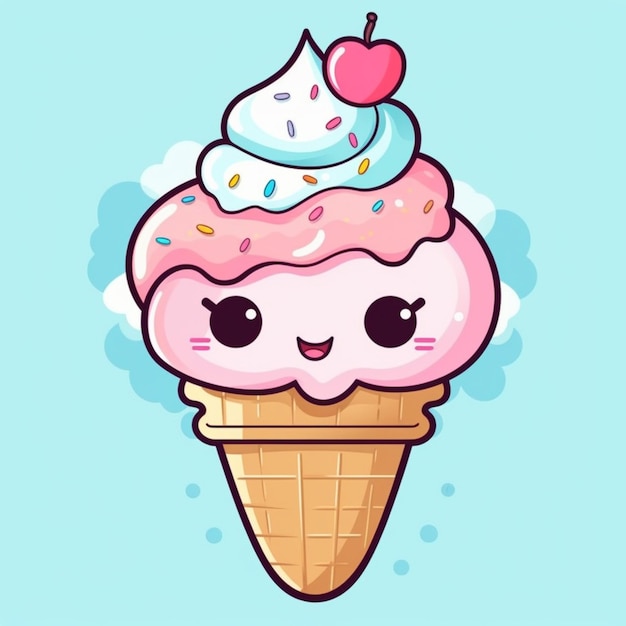 c'è un cono di gelato a cartoni animati con una ciliegina in cima generativo ai