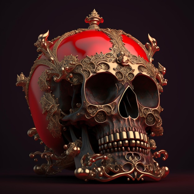c'è un cranio con una corona su di esso e un cuore rosso generativo ai