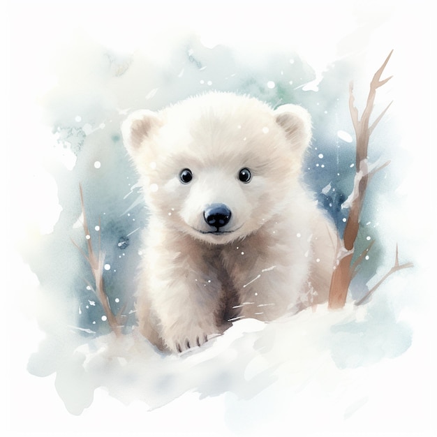 c'è un cucciolo di orso bianco in piedi nella neve generativo ai