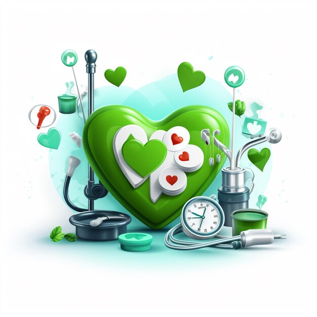 C'è un cuore verde con un orologio e altre attrezzature mediche generative ai