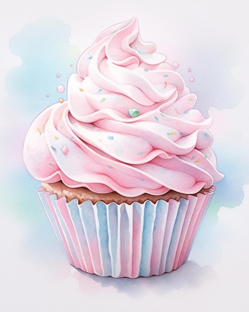 c'è un cupcake con glassa rosa e confettini sopra ai generativi